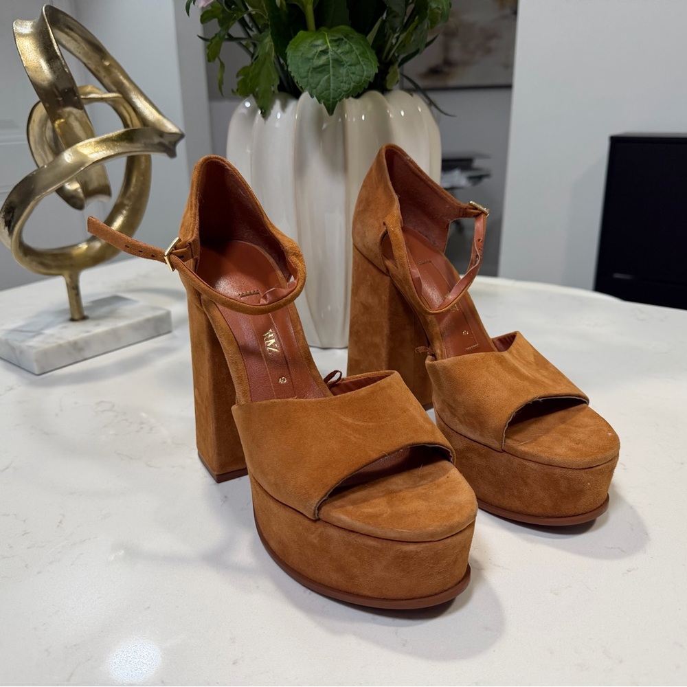 Zara Brown Suede Platform Heels Chunky Block Heel Ankle Strap Sandals